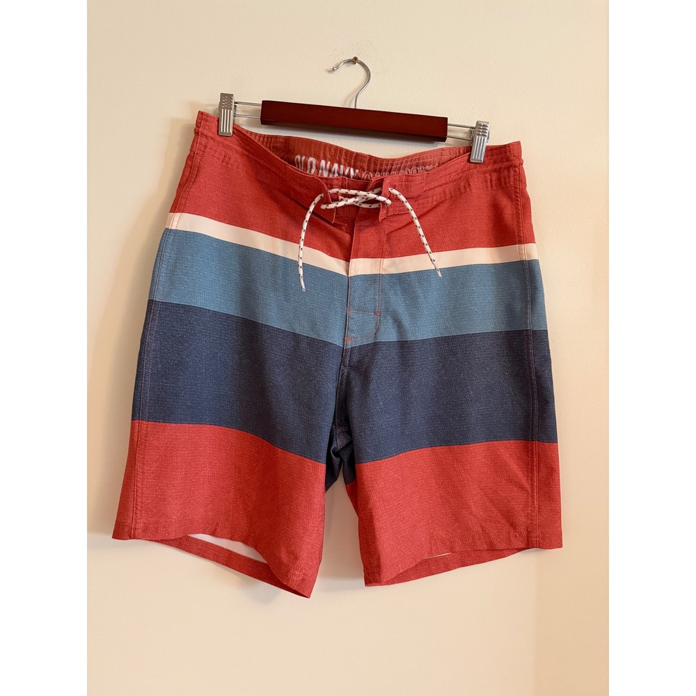 Old Navy Mens Board Shorts Size 34 Medium Red Blue Striped Swim Trunks